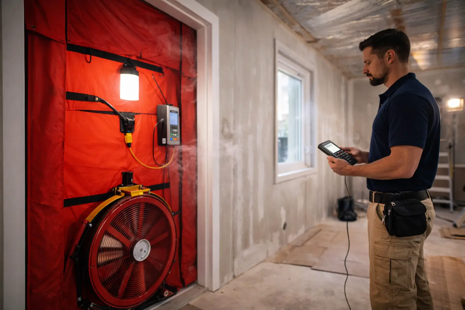 Blower-Door-Test — Ventilator in Türrahmen zur Luftdichtheitsmessung bei einem Neubau