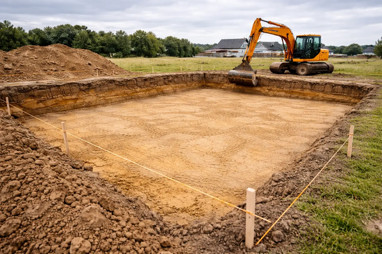 Flacher Bodenaushub fuer eine Bodenplatte — typische Ausgangssituation fuer unerwartete Mehrkosten beim Hausbau