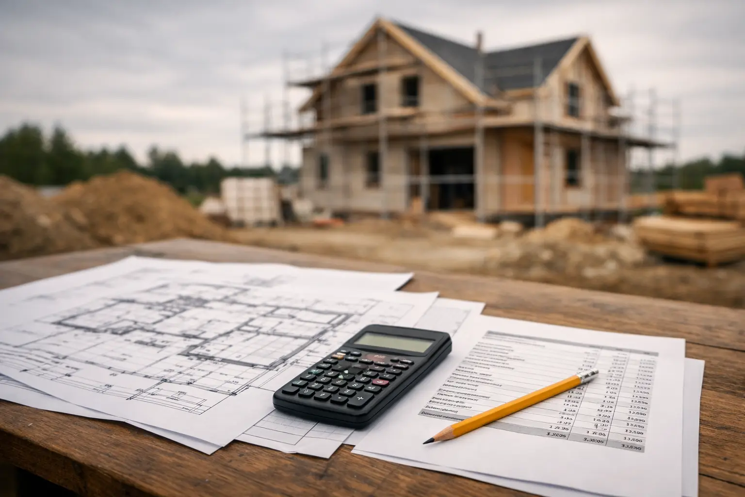 Baupläne und Kostenvoranschlag auf einem Tisch — Symbol für die nötige Klarheit vor der Angebotseinholung
